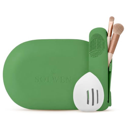 Silicone Makeup Bag Set - Cosmetic Pouch, Brush Holder, Beauty Sponge Case - color: Green