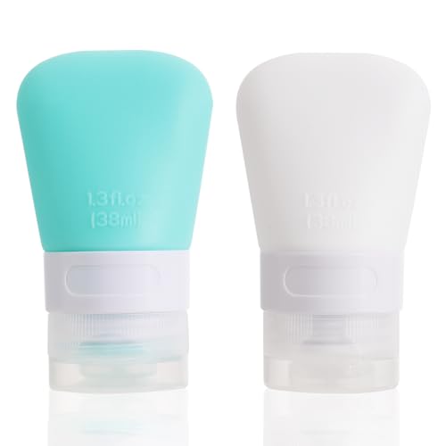 2 Pack 1.3oz Leak Proof Refillable Squeeze Containers, Silicone Travel Bottles for Toiletries, Portable Cosmetic Squeeze Bottles for Shampoo, Conditioner, Lotion (38ml)