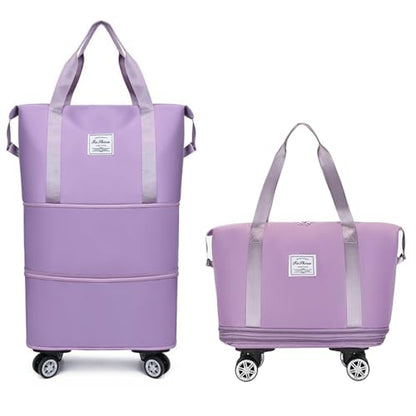 Rolling Duffel Bag with Wheels, Expandable Large Travel Luggage Lightweight & Durable Foldable Carry-On Bag with Removable Wheels for Shopping, Gym, Camping and Trave (Purple) - color: Purple