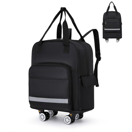 Backpack With Wheels, Large Foldable Backpack For Travel, Collapsible Duffle Bag With Carry On Design, Detachable 4 Spinner Wheels - Black