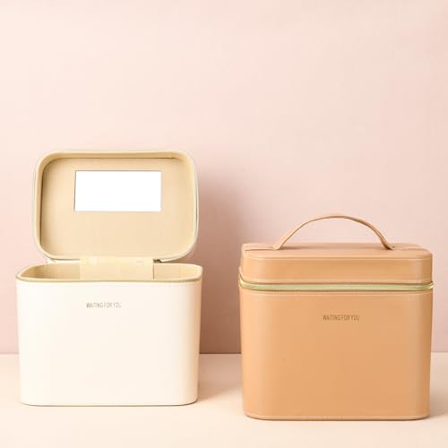 Luxury Hard white makeup box, Portable leather hard cosmetic case with mirror, Sturdy train case make up box for women adults. (Monolayer - white - color: MIX-2