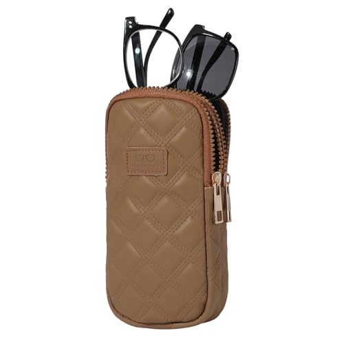KINIVA Double Eyeglass Case for Men Women, 2-in-1 PU Dual Sunglasses Case, Scratch-Proof Travel Eyeglass Holder for Purse Car - style: Brown Lozenge