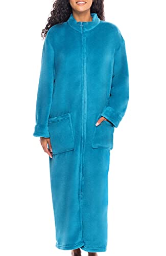 Women's Long Sleeve Plush Fleece Zip Up Robe, Zipper Bathrobe - color: Turquoise, size: Small
