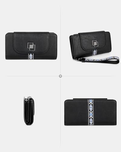 FADEON Leather Wallets for Women, Designer Large RFID Blocking Trifold - color: Black Retro Style