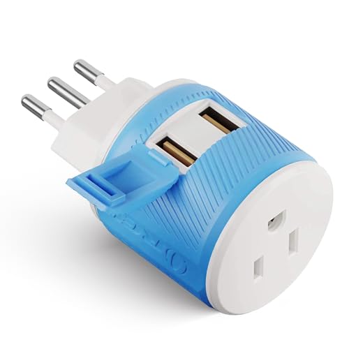 OREI Type L Travel Adapter with Dual USB – Italy, Chile & Uruguay, Blue - style: Type L - Italy