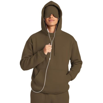Ainangua Mens Oversized Pullover Essentials Hoodie with Eye Mask Built In Comfor Airplane Mode Travel Sleep Wearable Blanket - color: Brown, size: Small