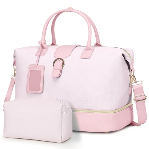 Leather Weekender Bags for Women, Travel Duffel Bag PU Overnight Bag Carry On Tote Bag with Shoe Compartment Wet Pocket - color: Pink, size: Large
