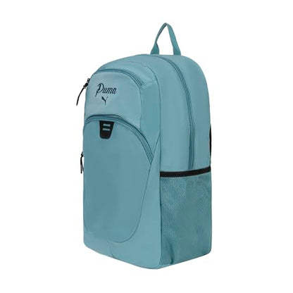 PUMA Women's Poppy Backpack in Memory Cloth with Laptop Sleeve, Luggage Strap & Water Bottle Pockets - color: Baltic Sea/Blue Jewel