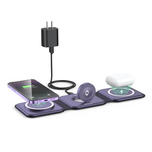 Wireless Charger 3 in 1,RTOPS Magnetic Travel Wireless Charging Station Multple Devices,GaN 3 in 1 Charging Station,Compatible for iPhone16/15/14/13/Pro/Max,iWatch,AirPods4/3/2/Pro (Adapter Includes) - color: deep purple