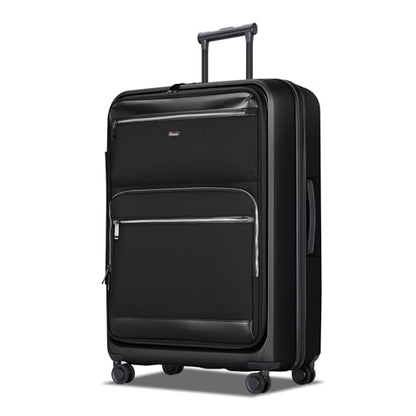 28 Inch Luggage with Spinner wheels, Expandable Hybrid Soft Front & Hard Shell Large Checked Luggage with TSA Lock, Black - color: Black, size: 28 Inch
