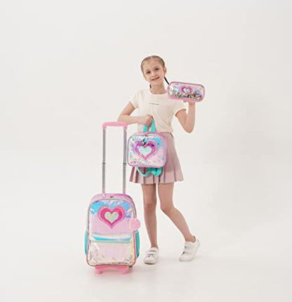 Meetbelify Girls Rolling Backpack Sequin Rolling Backpacks with Wheels for Girls for Elementary School Bag - color: Pink Love
