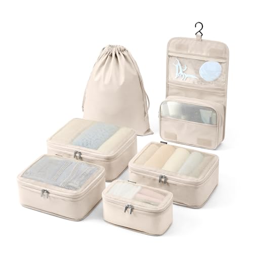 Vandel Compression Packing Cubes for Women, Set with Hanging Toiletry Bag - color: 3. Sand, size: Deluxe Set (4 Cubes + Toiletry & Laundry Bags)