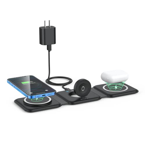 Wireless Charger 3 in 1,RTOPS Magnetic Travel Wireless Charging Station GaN Compatible with Apple Magsafe Multiple Devices for iphone17/16/15/14/13/Pro/Max,iWatch,AirPods4/3/2/Pro (Adapter Includes) - color: black
