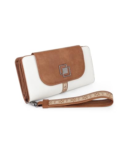 FADEON Leather Wallets for Women, Designer Large RFID Blocking Trifold - color: Beige Contrast Brown