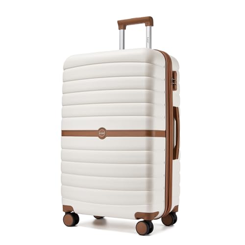 Kono Expandable 28 Inch Luggage with Spinner Wheels, Large Checked Luggage with Lock, Lightweight & Anti-Scratch PC+ABS Hardshell Travel Suitcase, White/Brown - color: White/Brown, size: Checked-large 28-inch