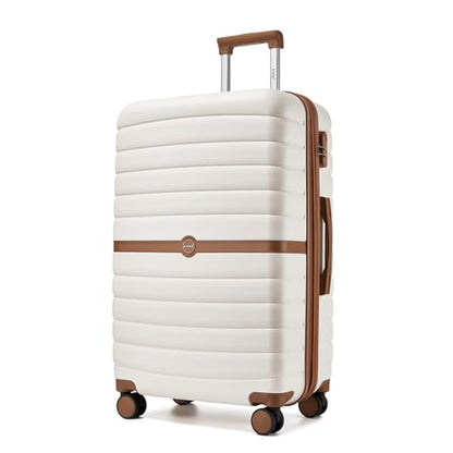 Kono Expandable 28 Inch Luggage with Spinner Wheels, Large Checked Luggage with Lock, Lightweight & Anti-Scratch PC+ABS Hardshell Travel Suitcase, White/Brown - color: White/Brown, size: Checked-large 28-inch