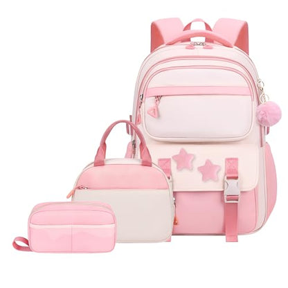 3Pcs Girls Backpack Set for Kids School Bag Bookbag with Star Pins - color: A008-3pcs Pink