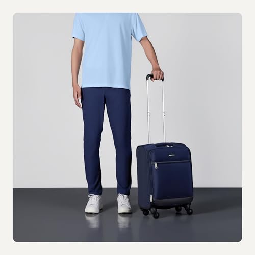 Amazon Basics 18" Medium Carry-On Softside Expandable Luggage Suitcase with Wheels, Four 360-Degree Spinner Wheels, Zippered Pockets, Telescopic Handle, Navy Blue - color: Navy Blue, size: 18”, style: Medium Carry-on