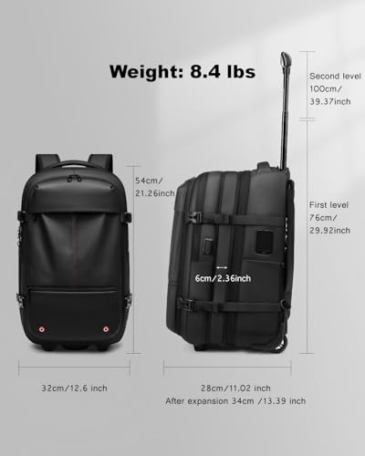 Vacuum Rolling Backpack with Pump, 60L Vacuum Backpack for Travel with Wheels, TSA Lock and Charging Port, Vacuum Compression Expandable Backpack for 17.3'' Laptop, Business & Long Trips - color: Red