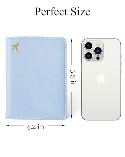 Passport Holder for Travel Essentials RFID Blocking PU Leather - color: Light Blue