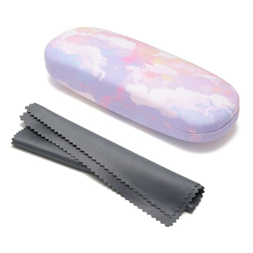 WOZEAH Eyeglasses Case Hard Shell, Protective Glasses Case for Women Men, Portable Eyeglass Holder Box with Cleaning Cloth - color: Pink Clouds