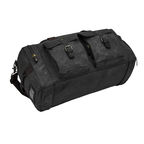Waxed Canvas Duffel Bag with Shoe Compartment | Waxed Canvas Travel Bag for Men, Genuine Leather Trim, Shoe Compartment, Front Pockets, Weekend, Overnight and Carry-On Use - color: Black