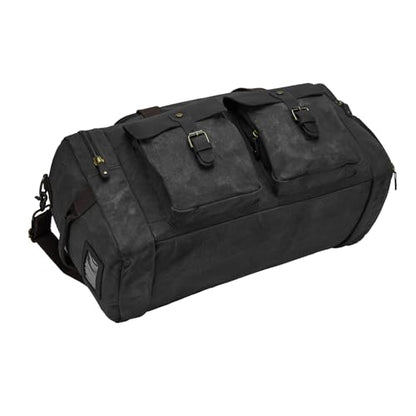Waxed Canvas Duffel Bag with Shoe Compartment | Waxed Canvas Travel Bag for Men, Genuine Leather Trim, Shoe Compartment, Front Pockets, Weekend, Overnight and Carry-On Use - color: Black