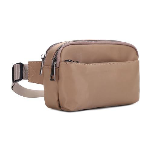 Jessie & James Crossbody Nylon Waist Pack with Adjustable Buckle Strap Fashion Multi Pocket Belt Bag | Camel - color: Camel