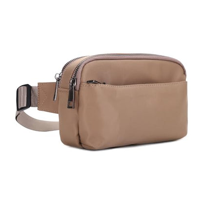 Jessie & James Crossbody Nylon Waist Pack with Adjustable Buckle Strap Fashion Multi Pocket Belt Bag | Camel - color: Camel