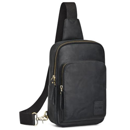 S-ZONE Genuine Leather Sling Bag for Women Men RFID Blocking Card Slots - color: Black