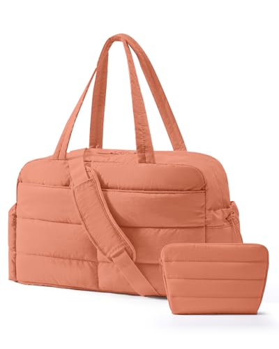 BAGSMART Gym Bag for Women, 2-PC Puffer Travel Duffle Bag Carry On Tote Bag | 31L Lightweight Duffel Bag with Makeup Pouch & Wet Pocket, Fits 15.6" Laptop, Weekender Overnight Bag for Travel Gym Hospital - color: Clay Pink
