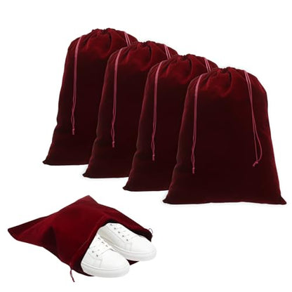 Cloth Shoe Bags for Travel, Flannel Pouch with Drawstring Closure Washable Breathable Cotton Fabric, 15.8x11.8" & 4 Pcs & Dark Red- Fit for (Men Women/Luggage/Storage) - color: Dark Red