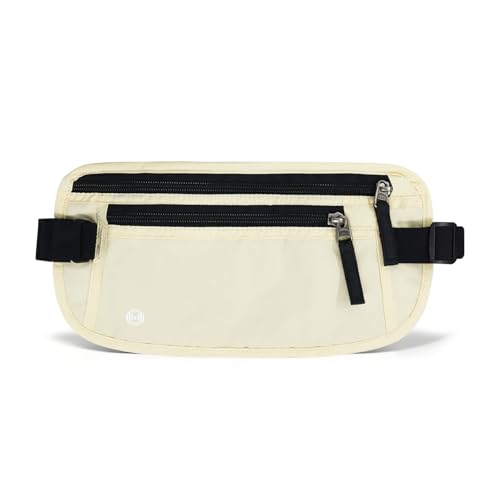 FuninCrea Waterproof Hidden Money Belt for Travel, Anti-Theft Belt Bag with RFID Blocking Function Adjustable Slim Waist Bag with 2 Zipper Pockets and 1 Back Pocket for Travel Running (B, Beige) - color: B, Beige
