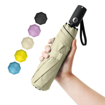 BAODINI Compact Travel Umbrella Small Windproof Auto Open Close for UV Sun Protection UPF 50+ and Rain Fits Backpack Purse & Suitcase - color: Beige