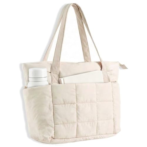 U+U Puffer Tote Bag for Women, Quilted Work Tote with Compartments - color: Cream