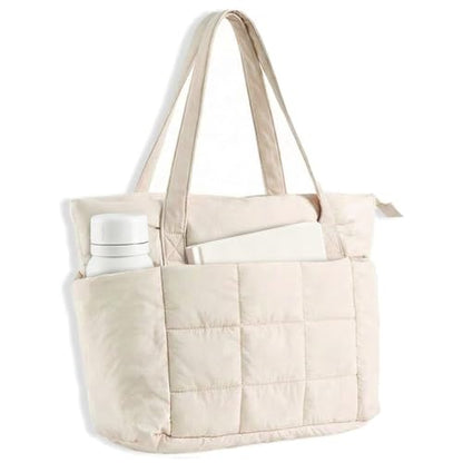 U+U Puffer Tote Bag for Women, Quilted Work Tote with Compartments - color: Cream