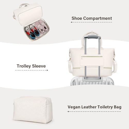 Leather Weekender Bags for Women, Travel Duffel Bag PU Overnight Bag Carry On Tote Bag with Shoe Compartment Wet Pocket - color: White, size: Large