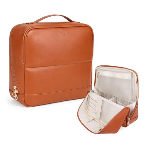GIVLEFLY Standing Makeup Bag for Women, Large Travel Cosmetic Organizer - color: Brown