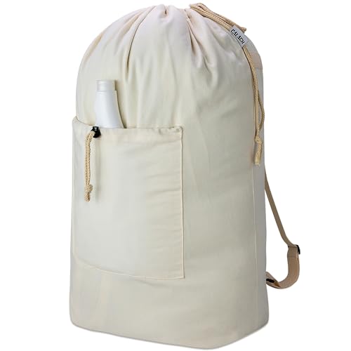 Laundry Backpack Canvas Laundry Bag with Straps Drawstring, Beige, XX-Large - color: Beige, size: XX-Large