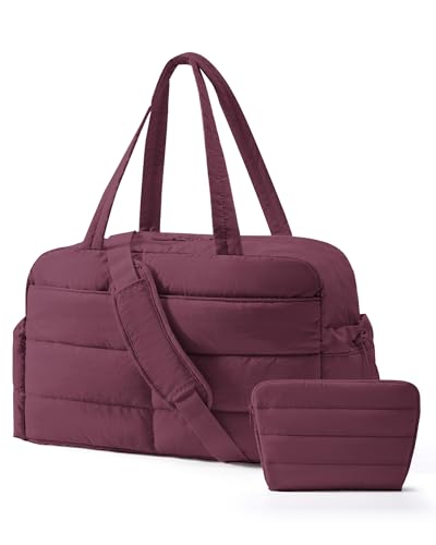 BAGSMART Gym Bag for Women, 2-PC Puffer Travel Duffle Bag Carry On Tote Bag - color: Cherry Red