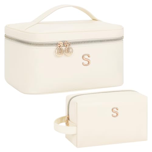 Women Daily Use & Travel Personalized Makeup Bag with Metal Letter Patch S | Women Large Travel Custom Initial Makeup Bag, Cosmetic Organizer Spacious PU Leather Toiletry Case with Handle & Divider - size: S