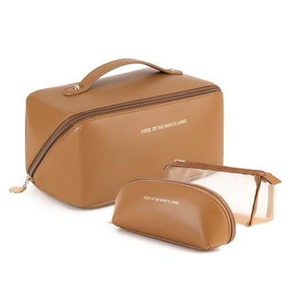 Travel Makeup Bag Cosmetic Bags for Women 3-Set Large Capacity Toiletry Bags with Handle Wide Open Portable Pouch - color: D01-Brown