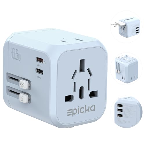 EPICKA PD 35W Universal Travel Adapter, 2AC/2USB-C/3USB-A - color: Blue