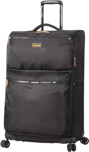 LUCAS Designer Luggage Collection - Expandable 28 Inch Softside Bag - Durable Large Ultra Lightweight Checked Suitcase with 8-Rolling Spinner Wheels (Black) - color: Black