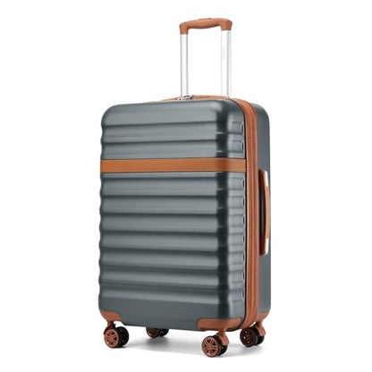 Kono Checked Luggage 24in Expandable Spinner TSA Lock ABS+PC Grey - color: Grey/Brown, size: Checked-medium 24-inch