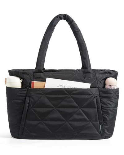 BAGSMART Tote Bag for Women, Puffer Tote Bag for Work Large Shoulder Bag - color: B-black