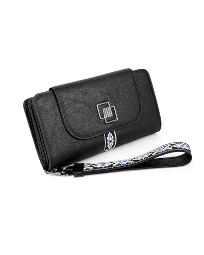 FADEON Leather Wallets for Women, Designer Large RFID Blocking Trifold - color: Black Retro Style