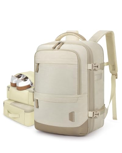 BAGSMART 37L Expandable Travel Backpack Compression Carry On Daypack - color: Warm Beige
