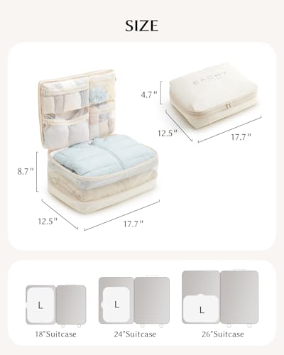 EACHY 5-in-1 압축 패킹 큐브, 의류 및 속옷을 위한 4개의 칸이 있는 걸이식 수하물 정리함, 세탁기 세탁 가능한 여행용 여행 가방 액세서리 (베이지, 라지) - color: 베이지.