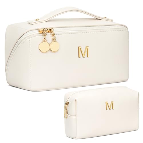 Initial Makeup Bag Personalized Gift for Women Teen Girls - color: Beige, style: M